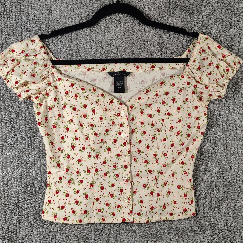 Moda International Top Cream Red Floral Cottagecore Coquette Women XS